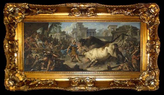 framed  Jean-Francois De Troy Jason taming the bulls of Aeetes oil painting by Jean Francois de Troy depicting the classical Greek hero Jason during one of his challenges during hi, ta009-2